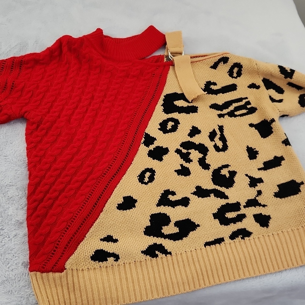 Womens Ribbed Cable knit Red and Leopard Print one shoulder Pullover turtleneck - Picture 9 of 9